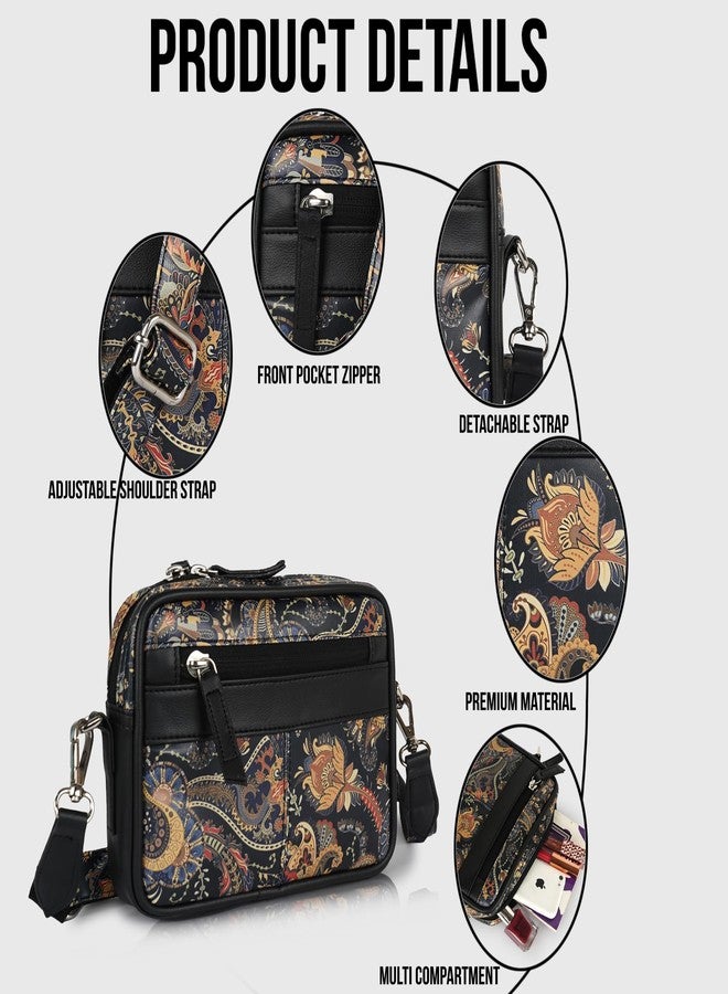 SAULT Vegan Leather Stylish Floral Printed Sling Bag | Premium PU Leather Crossbody Bag for Women | Multi-Pocket Travel & Casual Shoulder Bag - Image 2